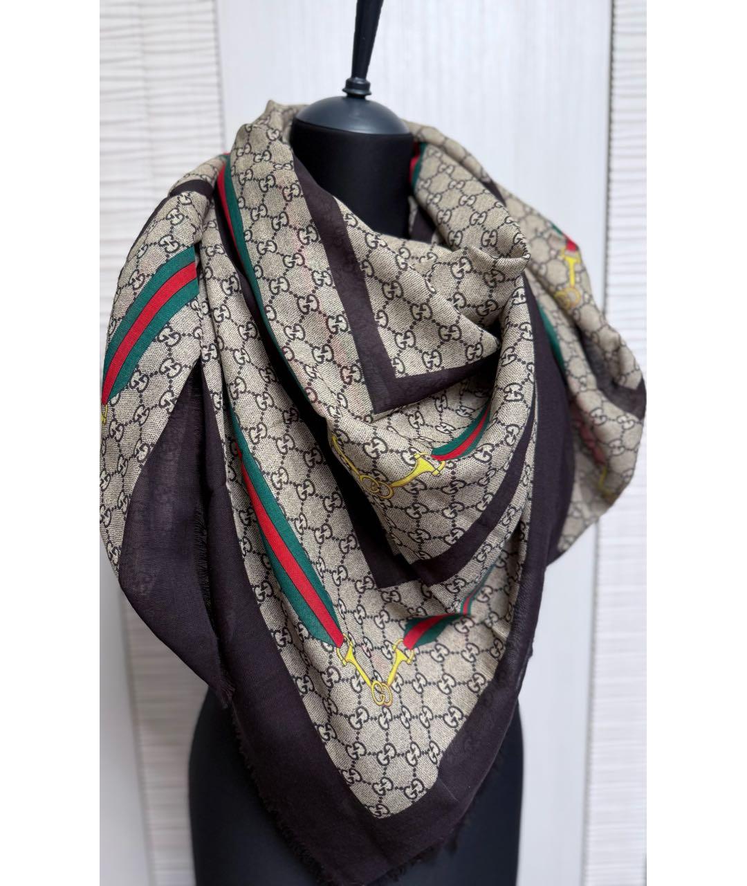 GUCCI Коричневый шерстяной платок, фото 8