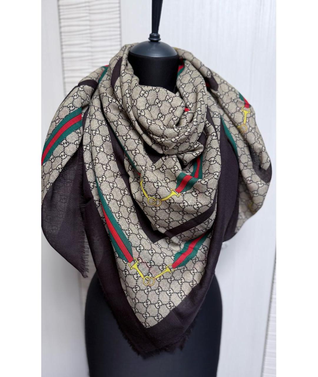 GUCCI Коричневый шерстяной платок, фото 4