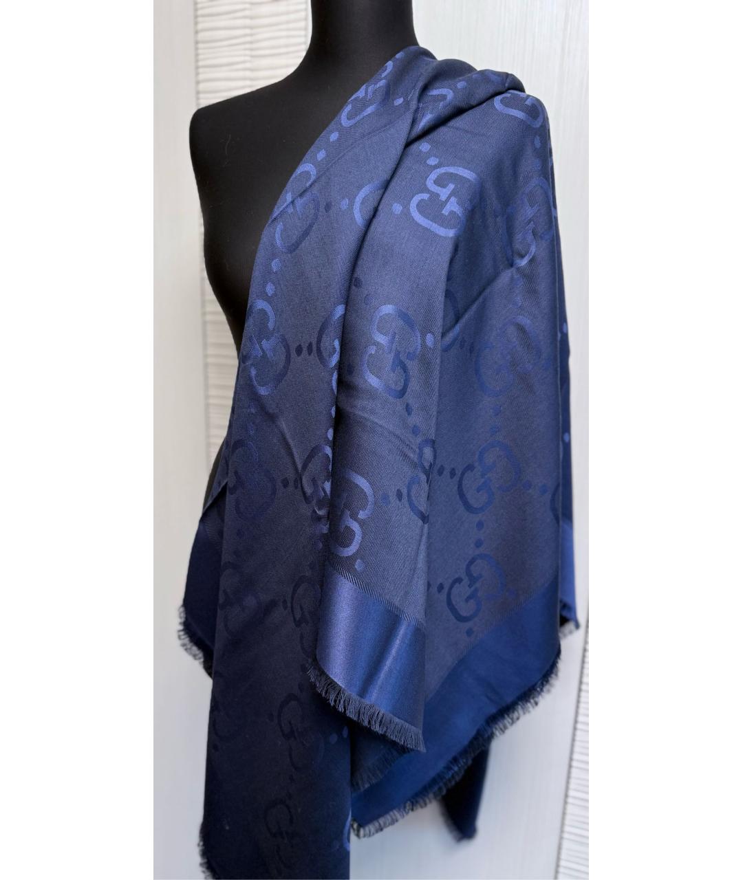 GUCCI Темно-синий шерстяной платок, фото 3