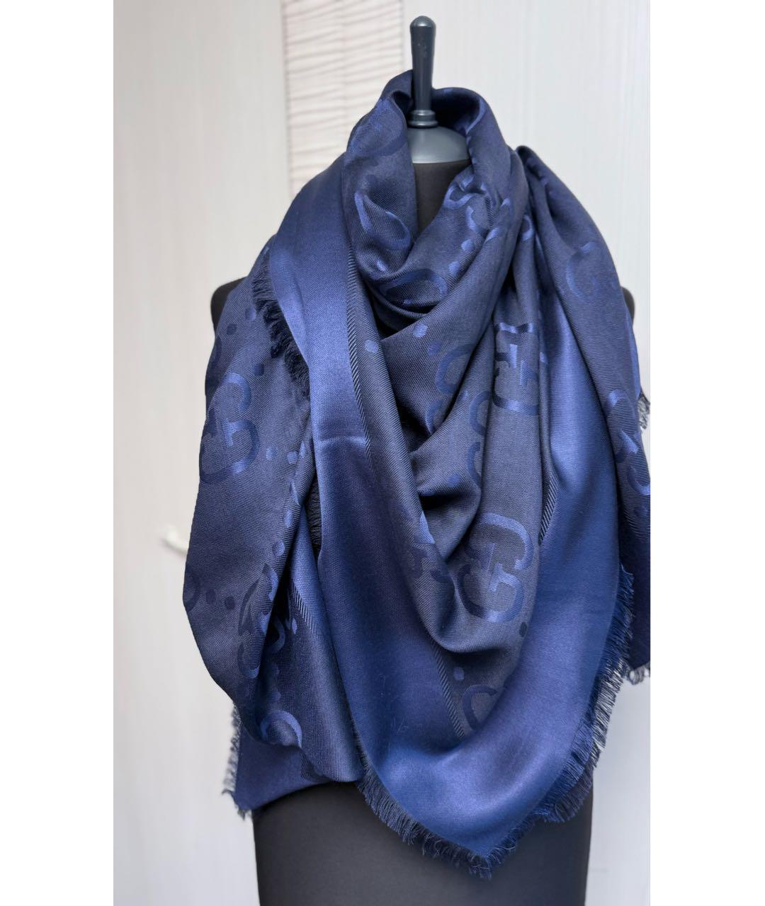 GUCCI Темно-синий шерстяной платок, фото 5