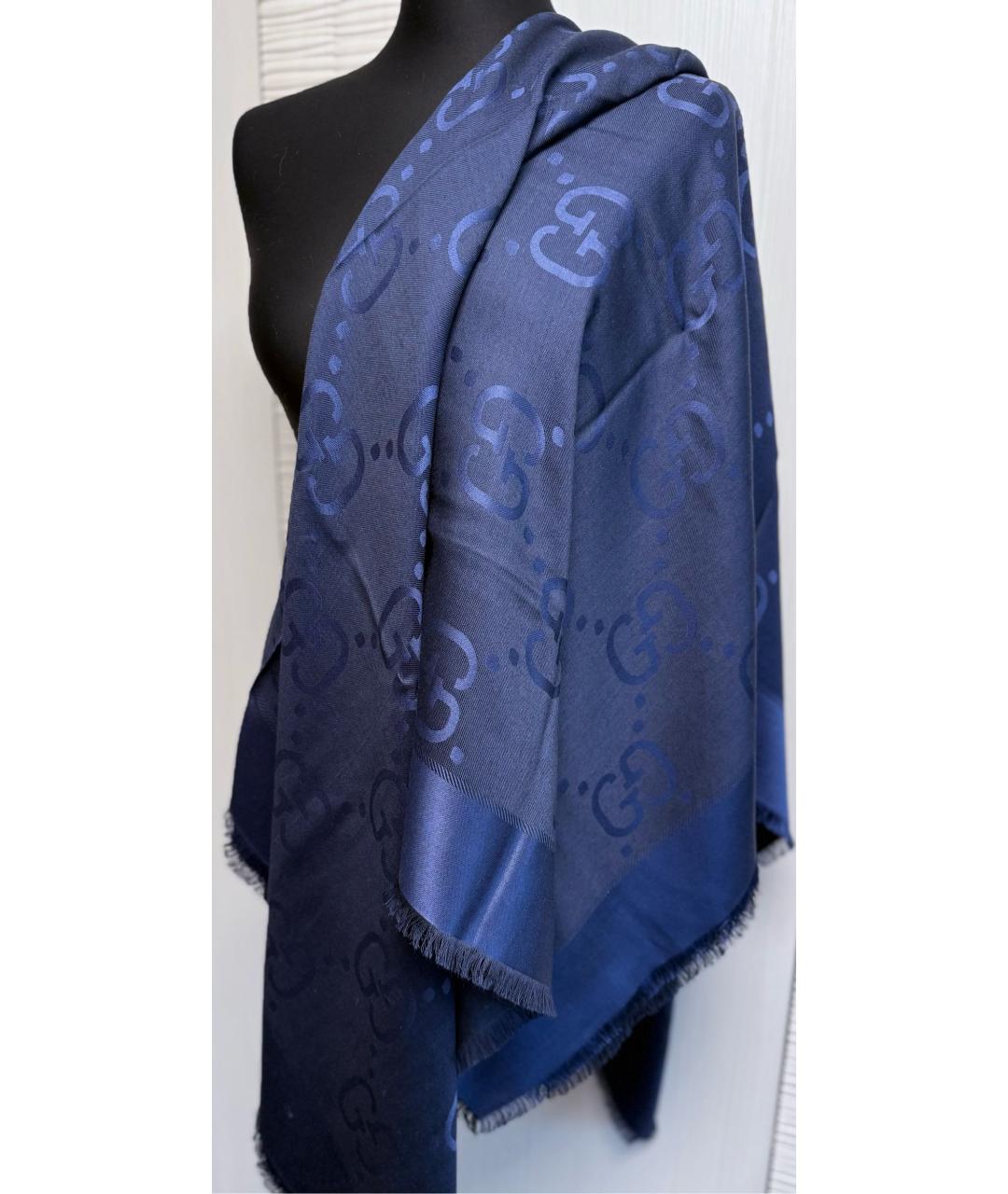 GUCCI Темно-синий шерстяной платок, фото 2