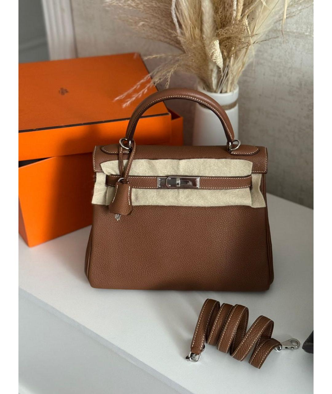 HERMES Коричневая кожаная сумка с короткими ручками, фото 9