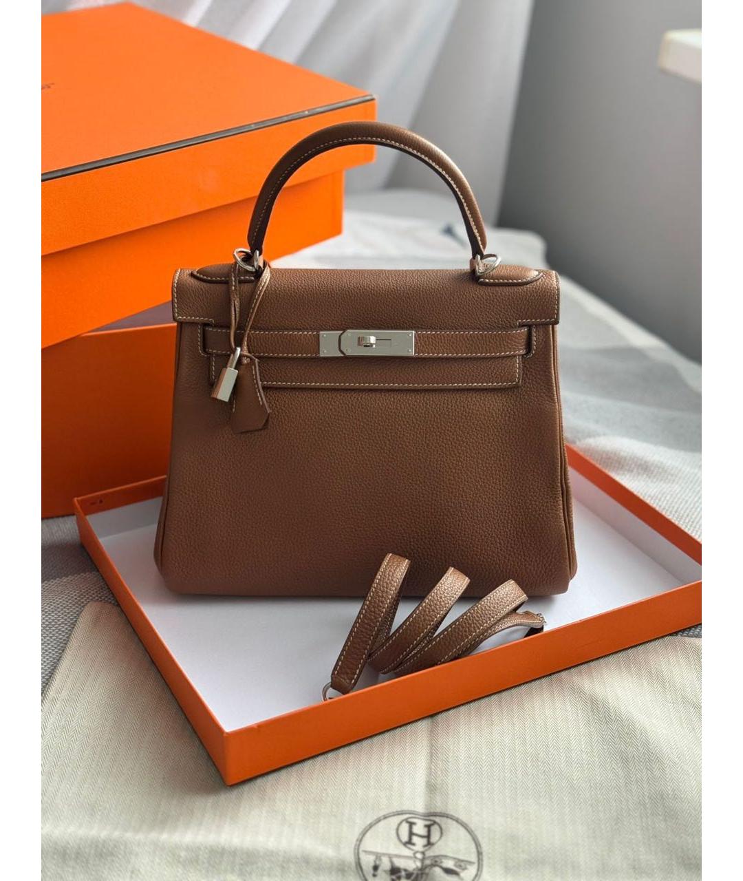 HERMES Коричневая кожаная сумка с короткими ручками, фото 5