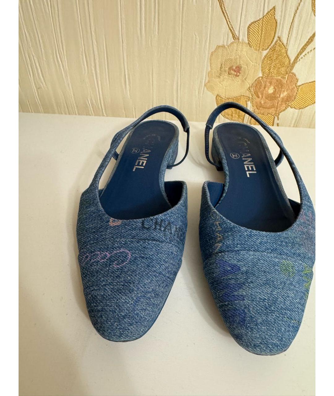 CHANEL Синие текстильные лодочки на низком каблуке, фото 2