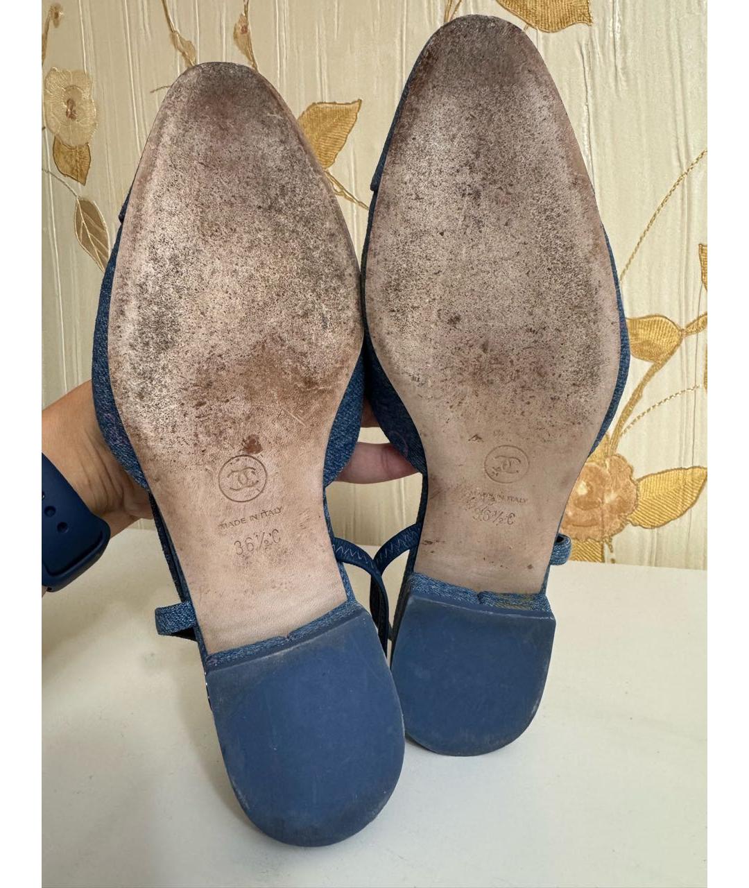 CHANEL Синие текстильные лодочки на низком каблуке, фото 6