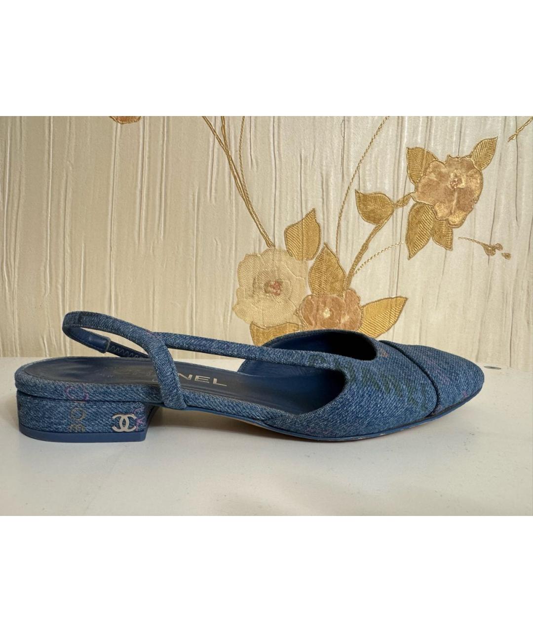 CHANEL Синие текстильные лодочки на низком каблуке, фото 7