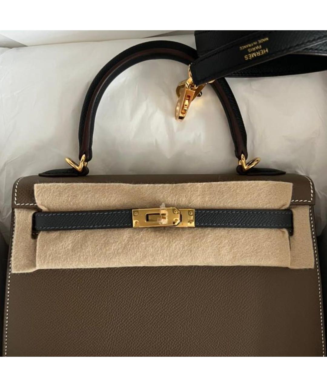 HERMES Хаки кожаная сумка с короткими ручками, фото 2