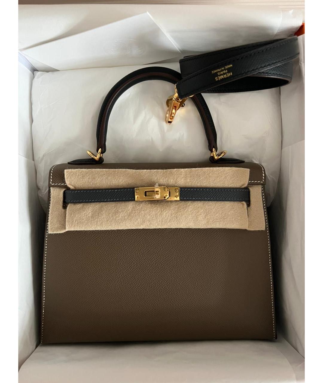 HERMES Хаки кожаная сумка с короткими ручками, фото 3