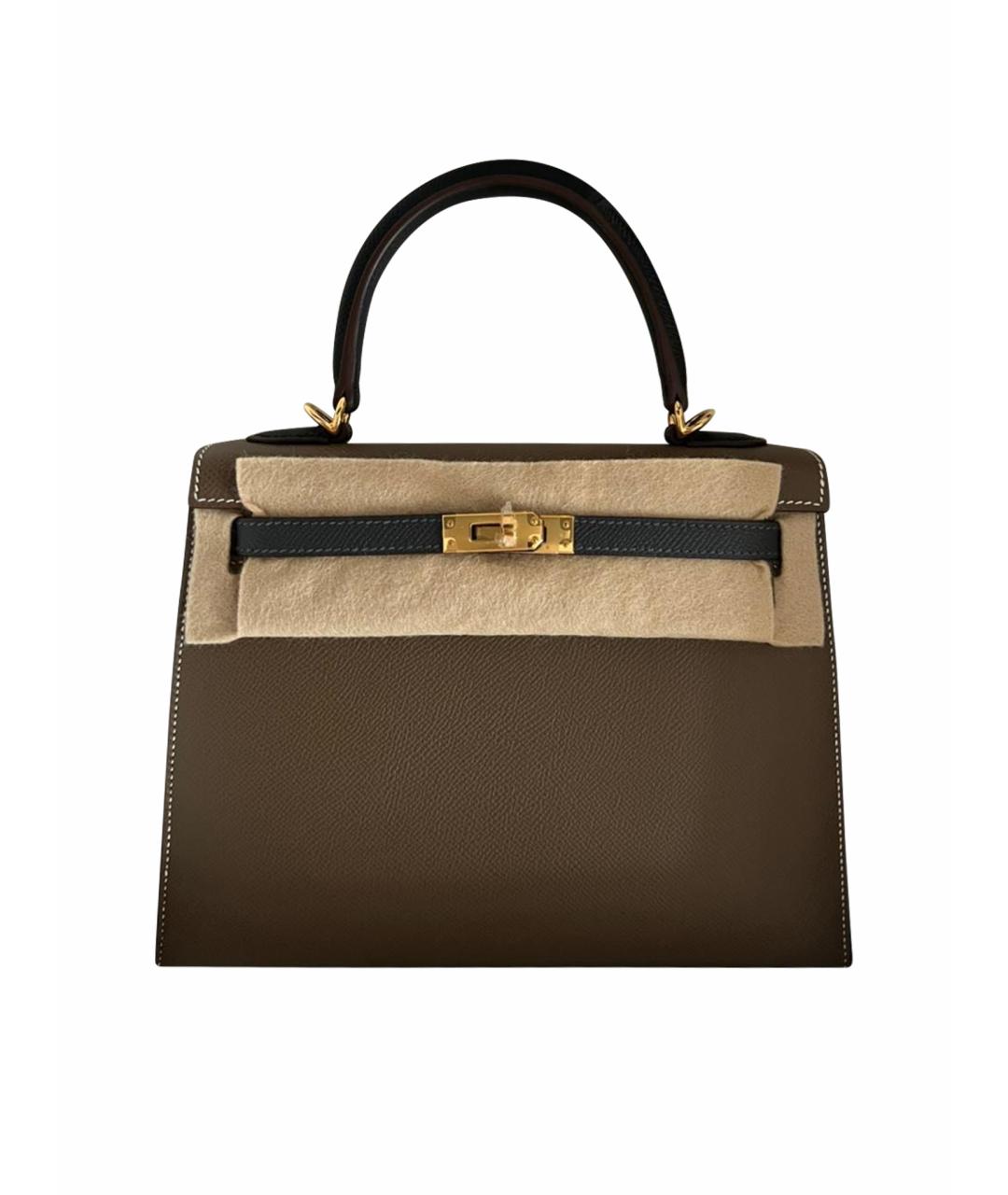 HERMES Хаки кожаная сумка с короткими ручками, фото 1