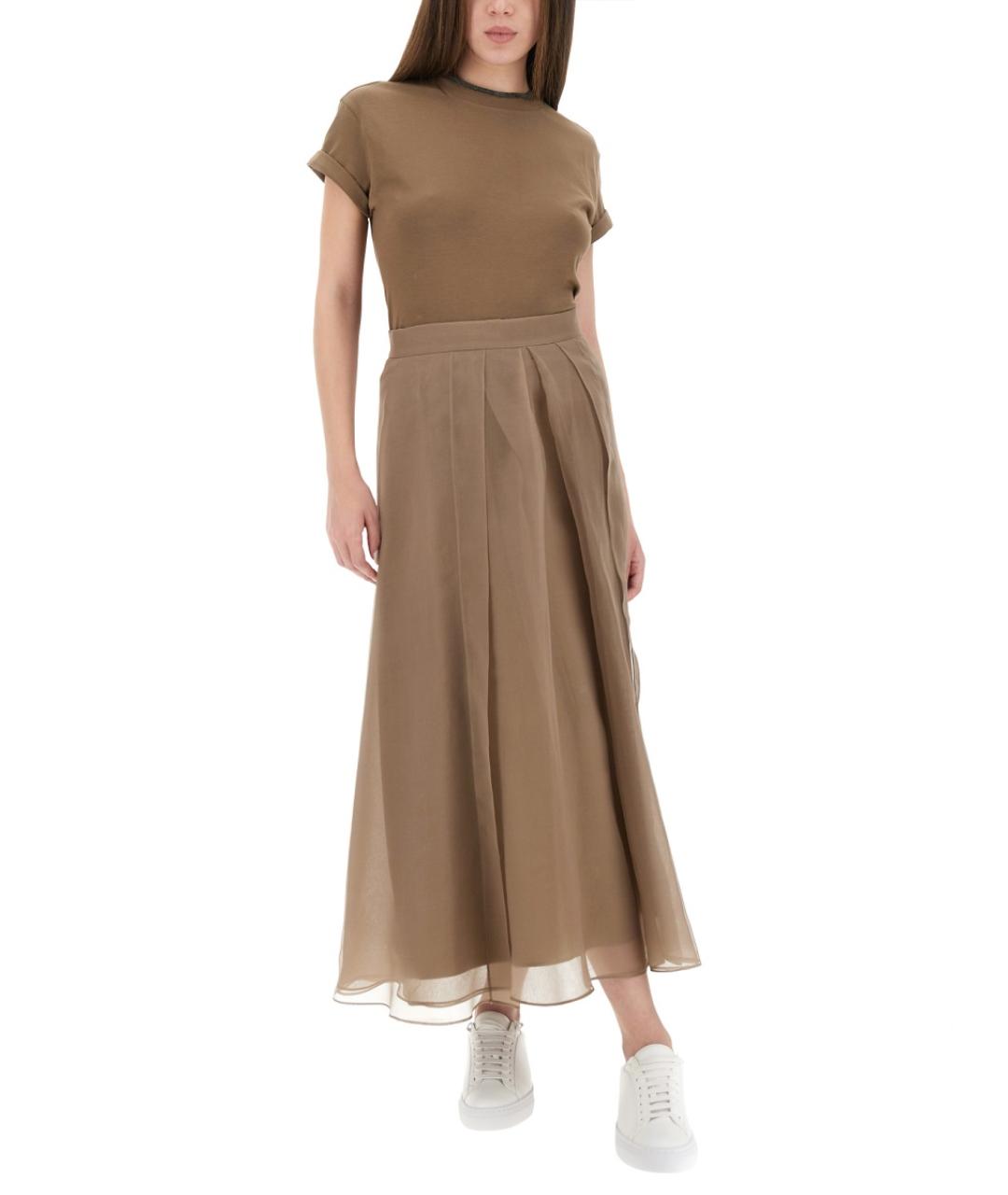 BRUNELLO CUCINELLI Бежевая шелковая юбка миди, фото 3