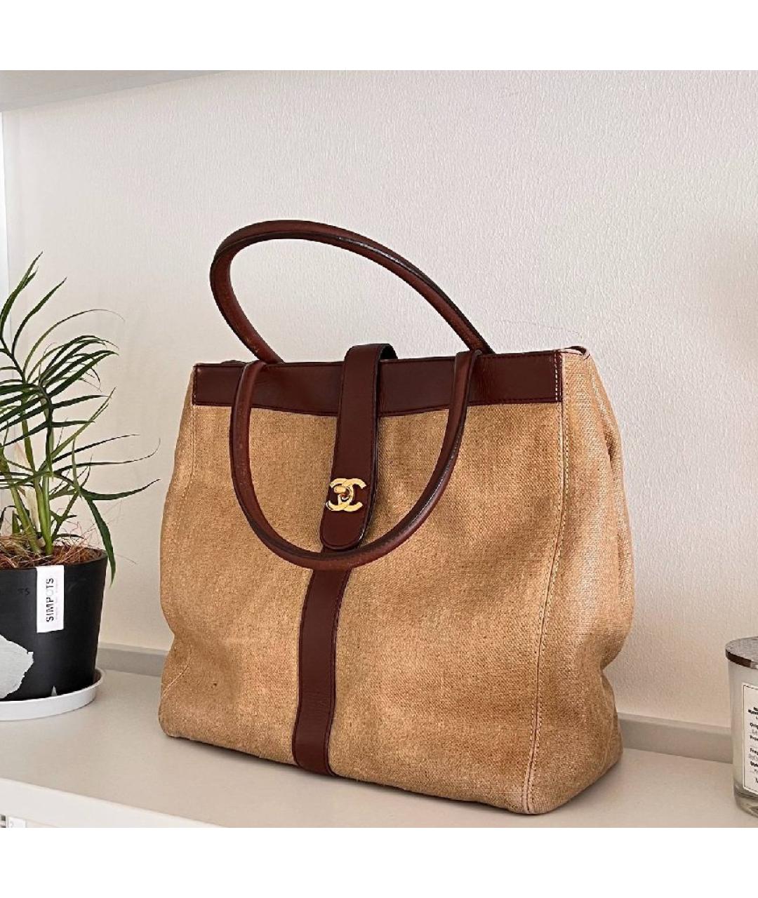 CHANEL Бежевая льняная сумка с короткими ручками, фото 3