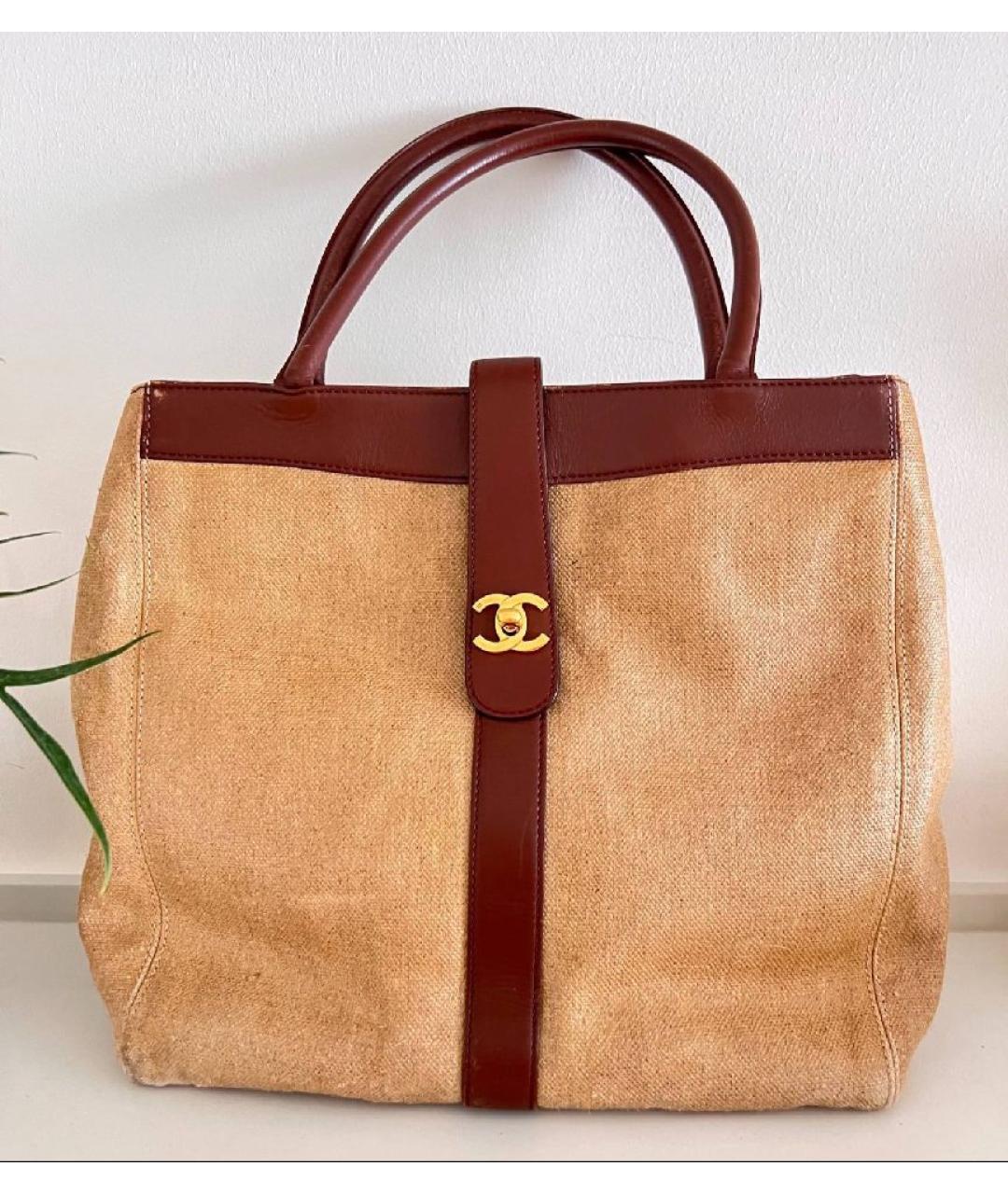 CHANEL Бежевая льняная сумка с короткими ручками, фото 10