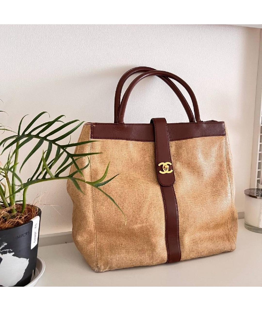 CHANEL Бежевая льняная сумка с короткими ручками, фото 6