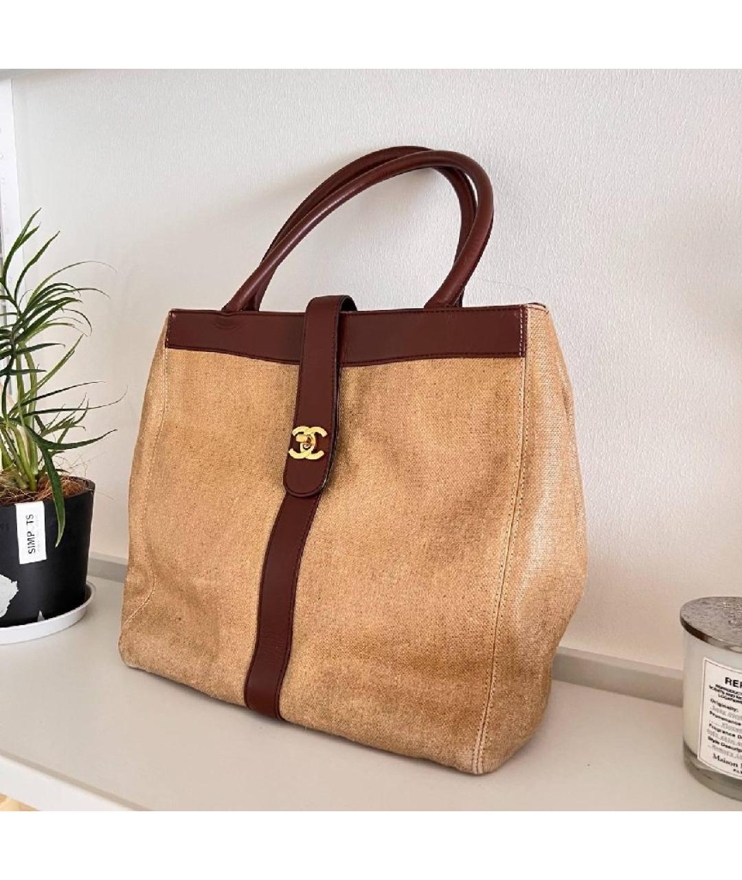 CHANEL Бежевая льняная сумка с короткими ручками, фото 4