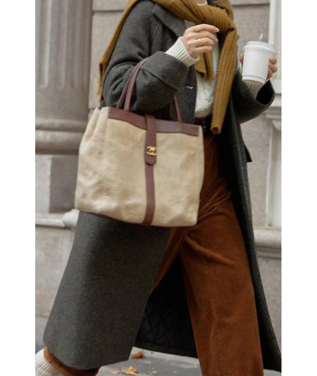 CHANEL Бежевая льняная сумка с короткими ручками, фото 8