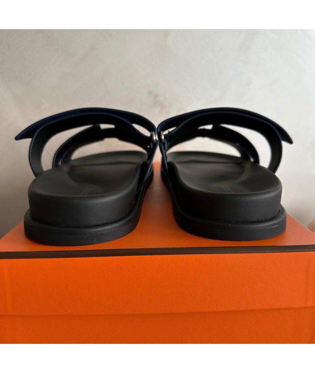 HERMES Темно-синие кожаные шлепанцы, фото 3
