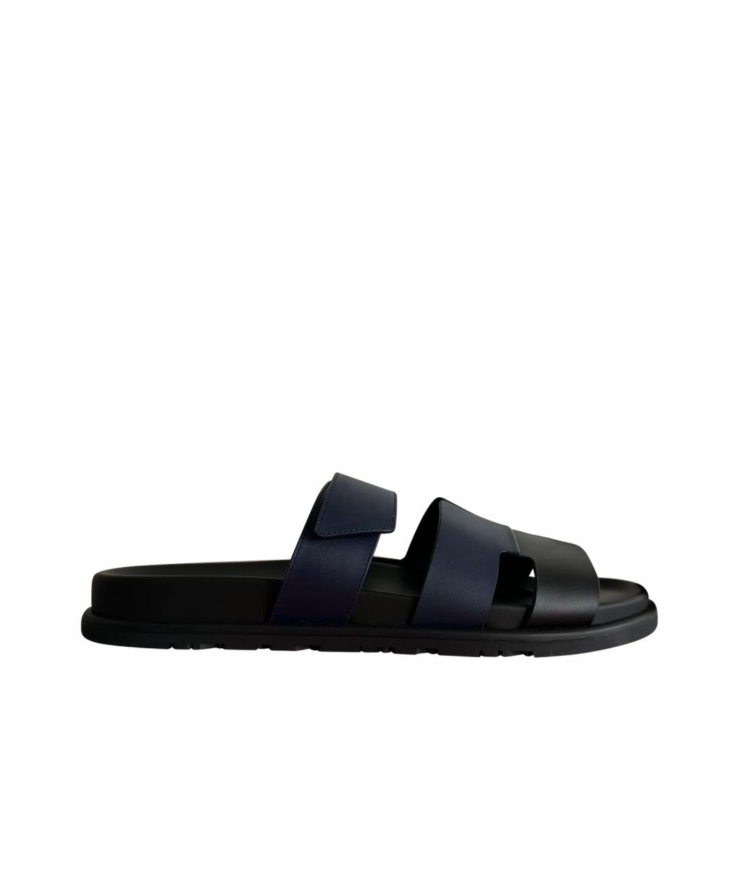 HERMES Темно-синие кожаные шлепанцы, фото 1