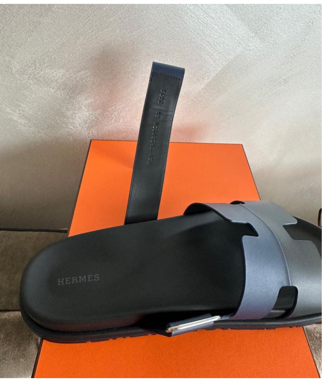 HERMES Темно-синие кожаные шлепанцы, фото 8