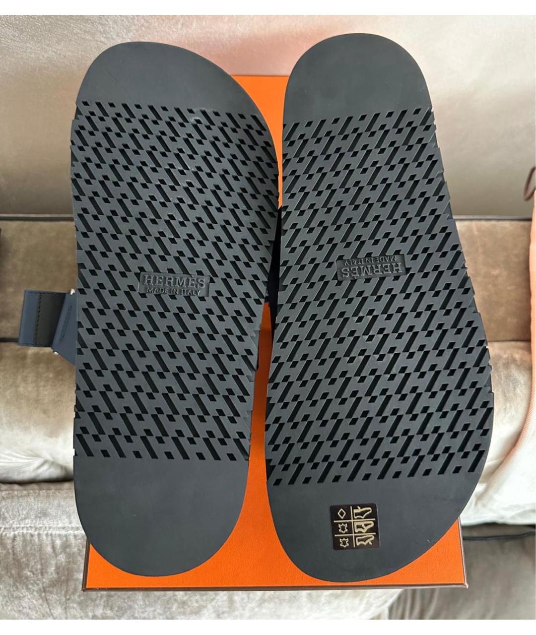 HERMES Темно-синие кожаные шлепанцы, фото 7