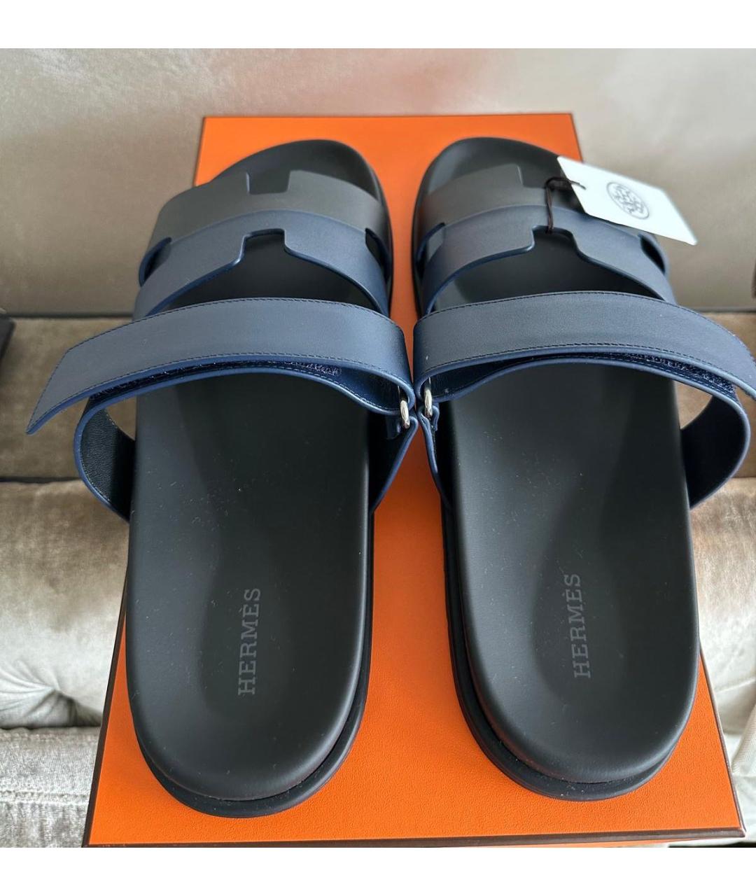 HERMES Темно-синие кожаные шлепанцы, фото 4