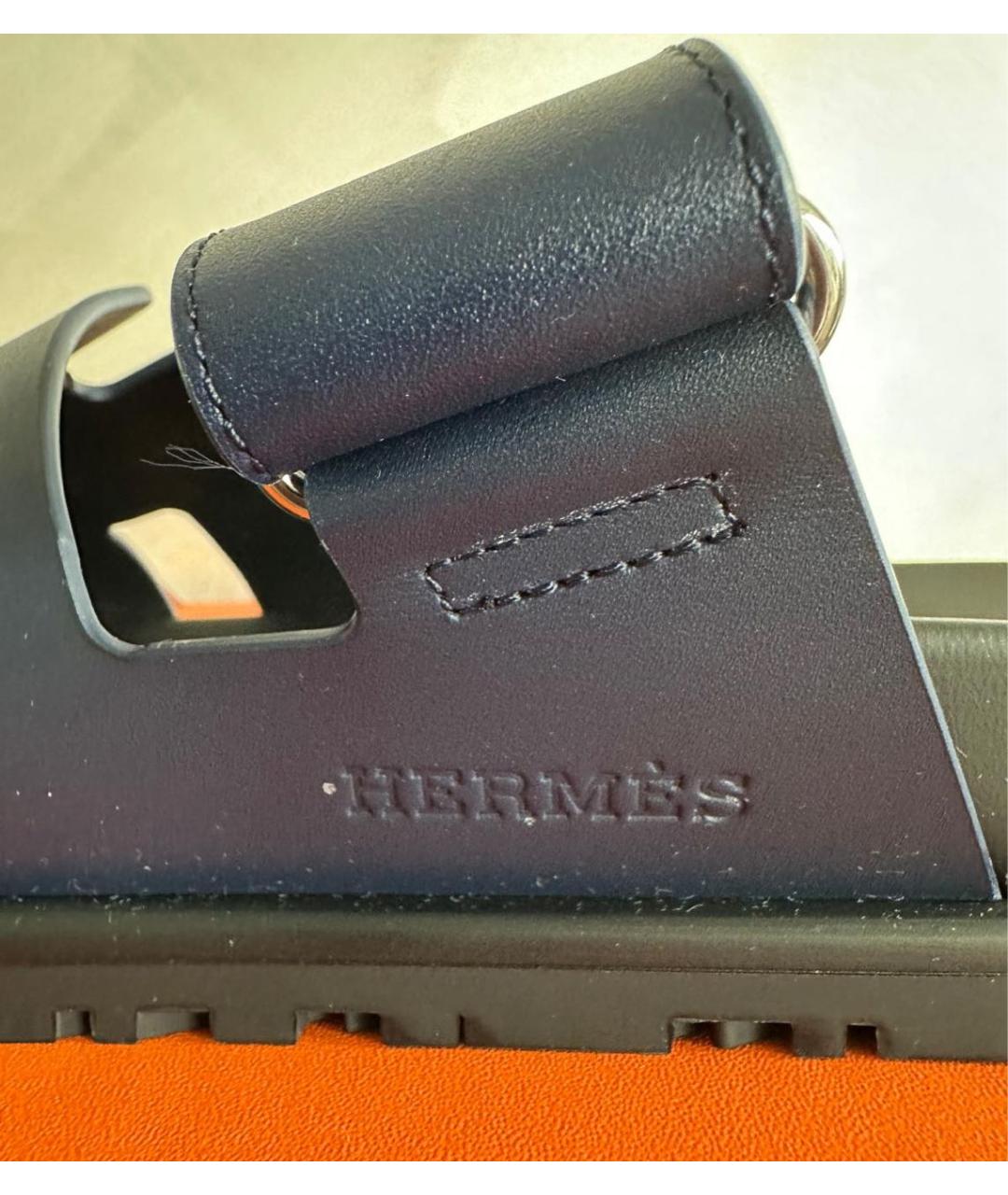 HERMES Темно-синие кожаные шлепанцы, фото 6