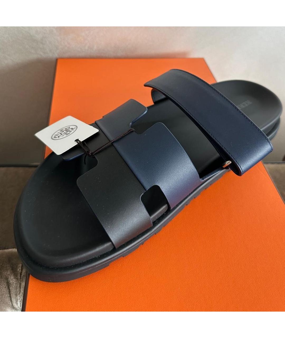 HERMES Темно-синие кожаные шлепанцы, фото 5