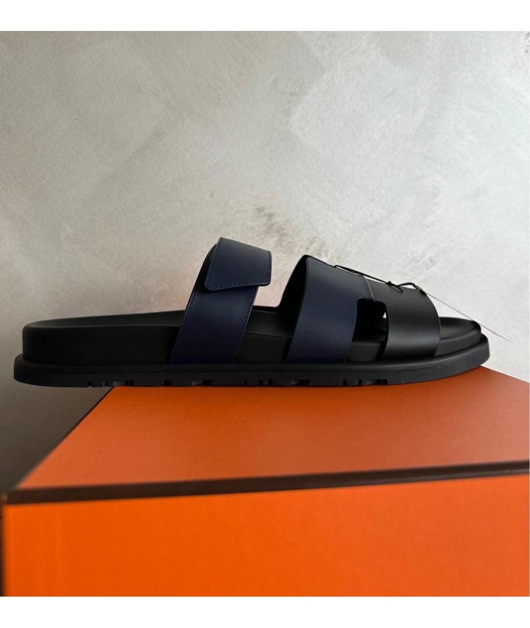 HERMES Темно-синие кожаные шлепанцы, фото 9