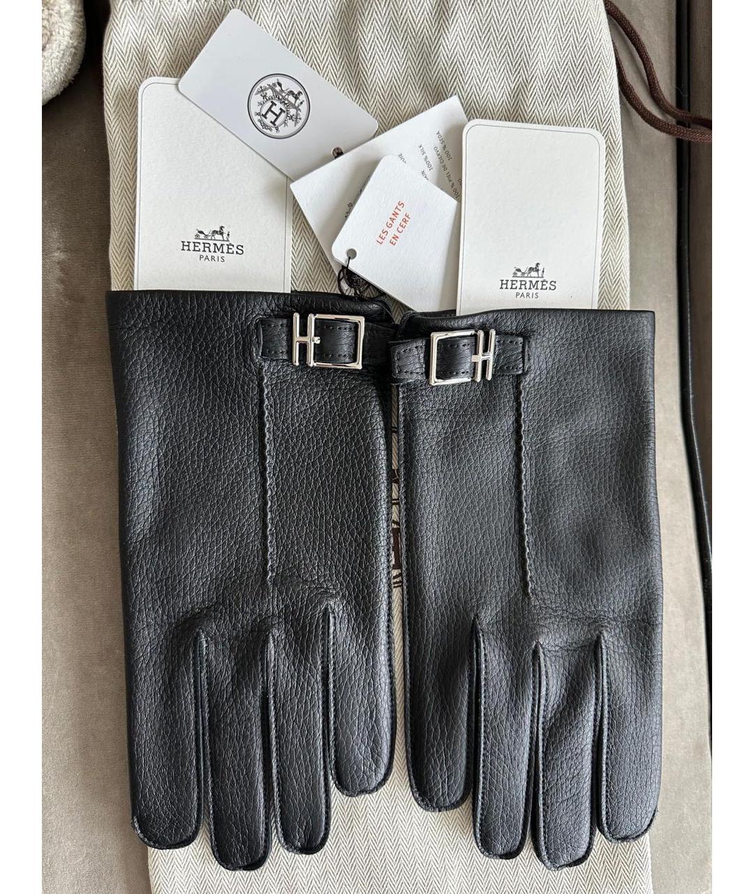 HERMES Черные кожаные перчатки, фото 2