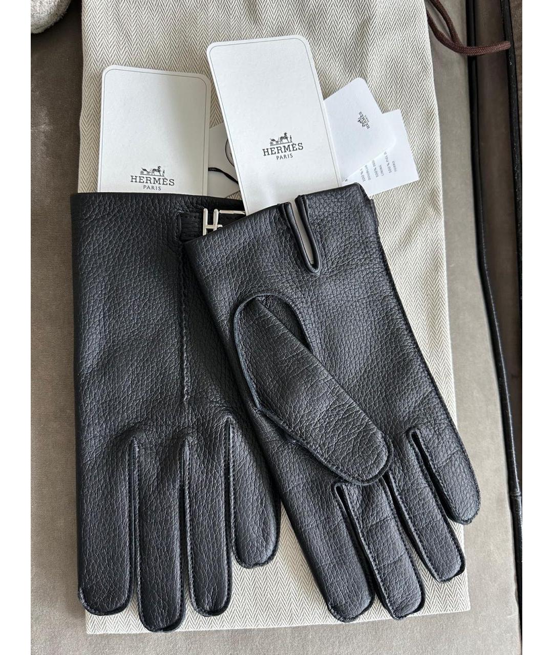 HERMES Черные кожаные перчатки, фото 3