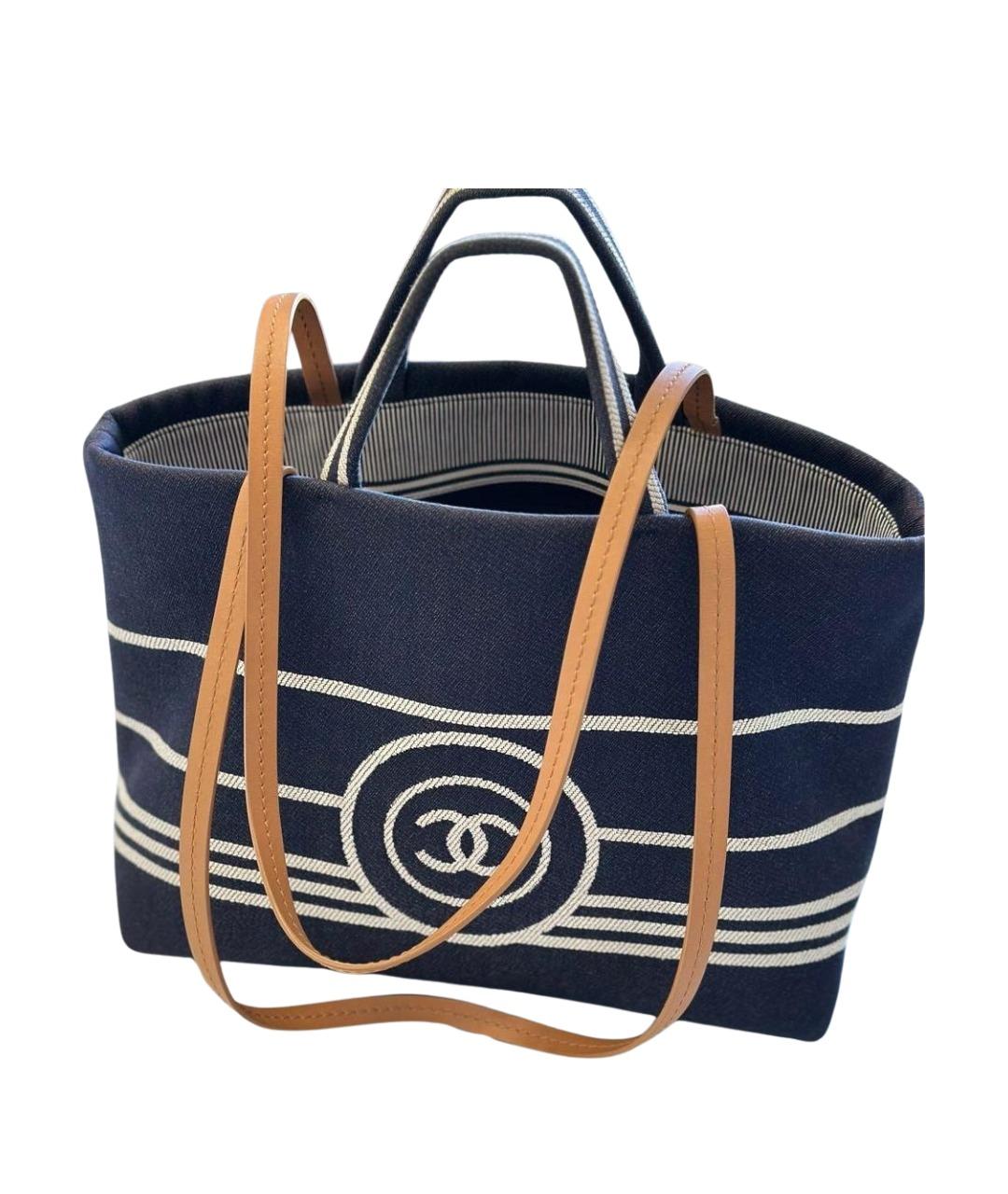 CHANEL Темно-синяя хлопковая сумка с короткими ручками, фото 1