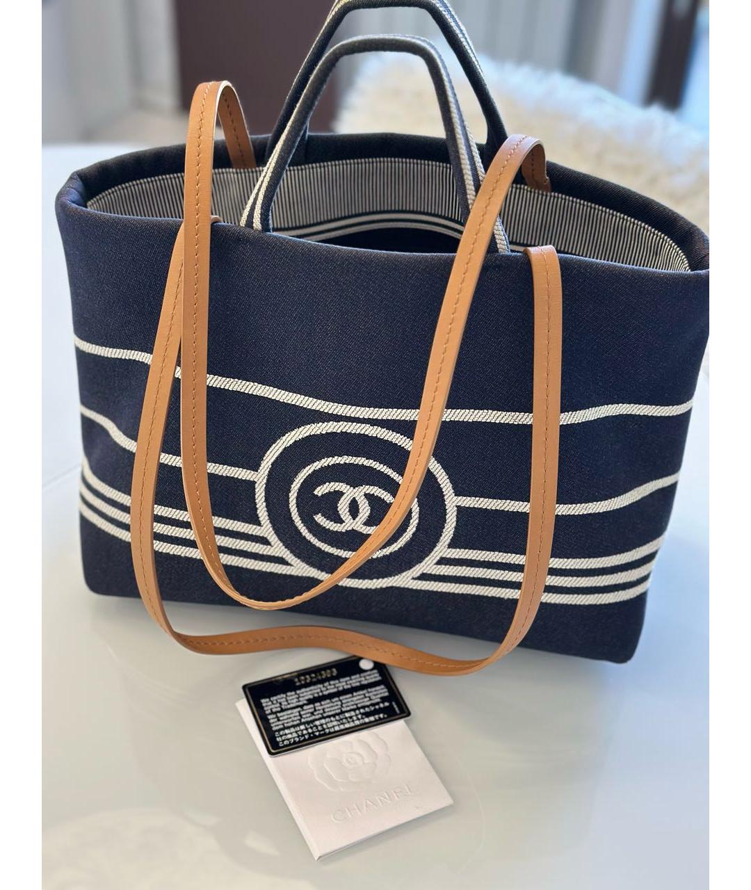 CHANEL Темно-синяя хлопковая сумка с короткими ручками, фото 5