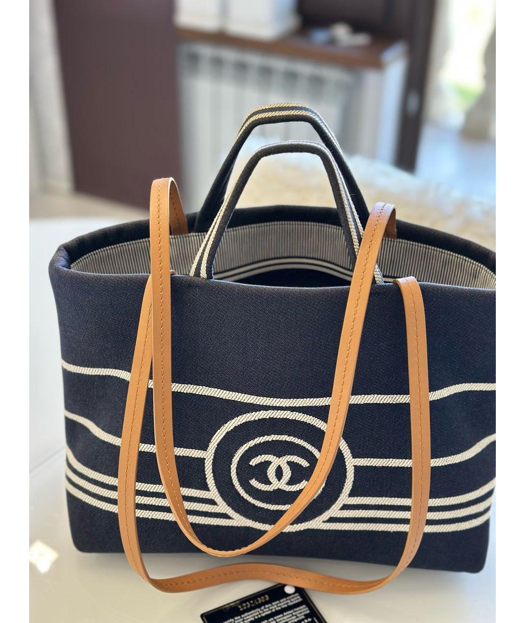 CHANEL Темно-синяя хлопковая сумка с короткими ручками, фото 2