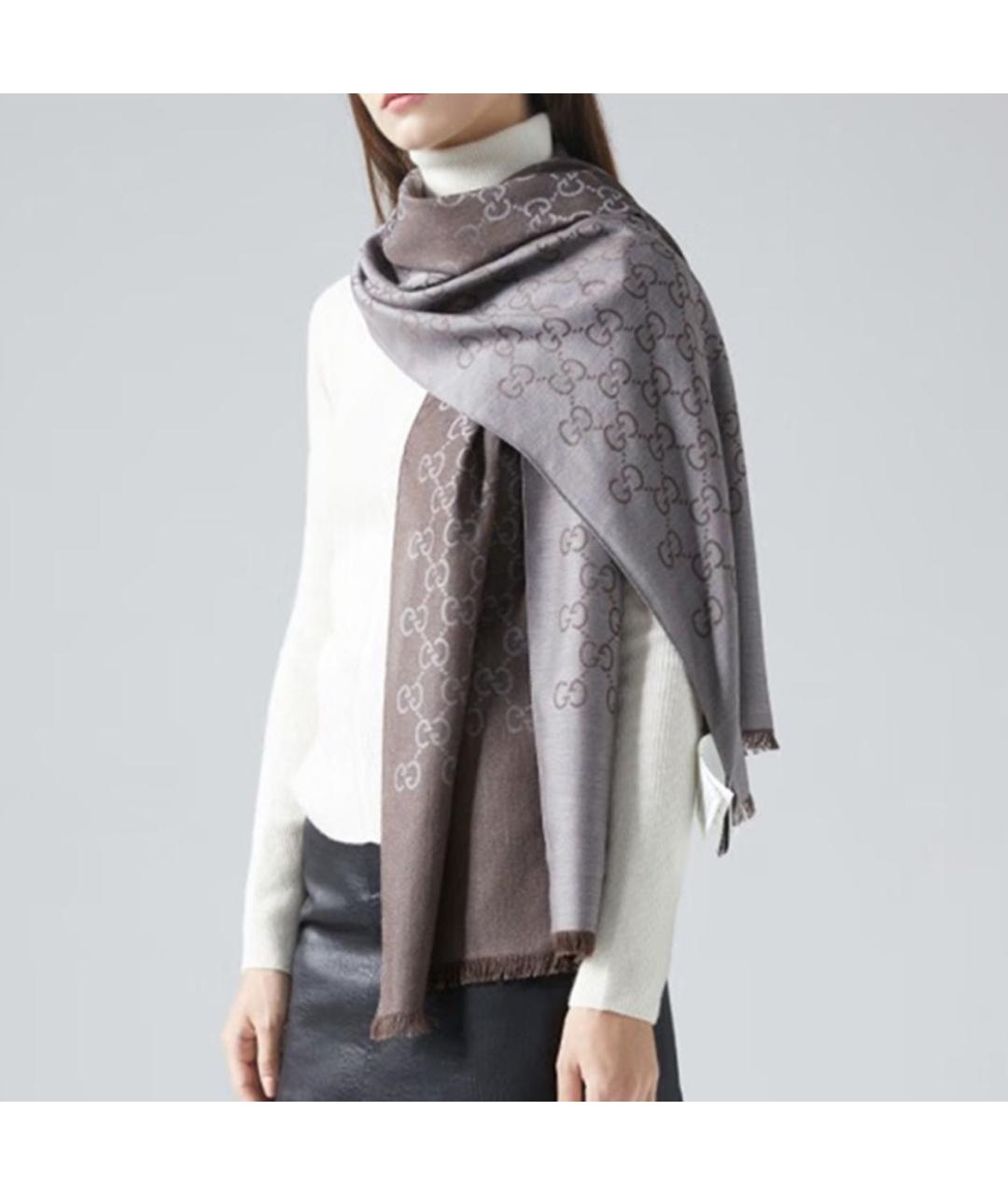 GUCCI Коричневый шерстяной шарф, фото 8