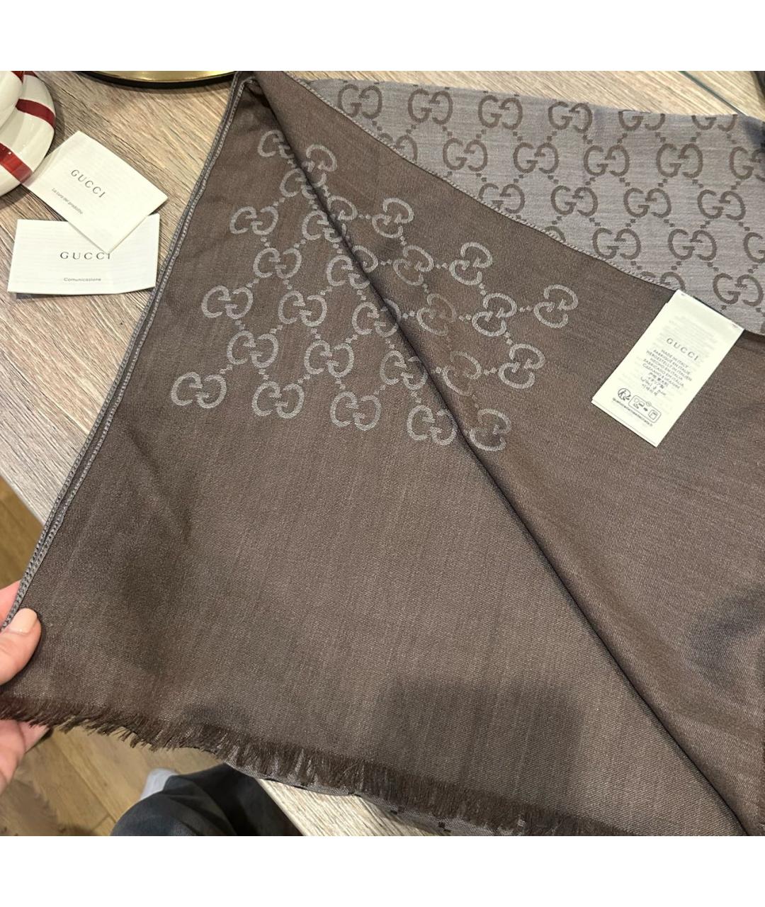 GUCCI Коричневый шерстяной шарф, фото 3