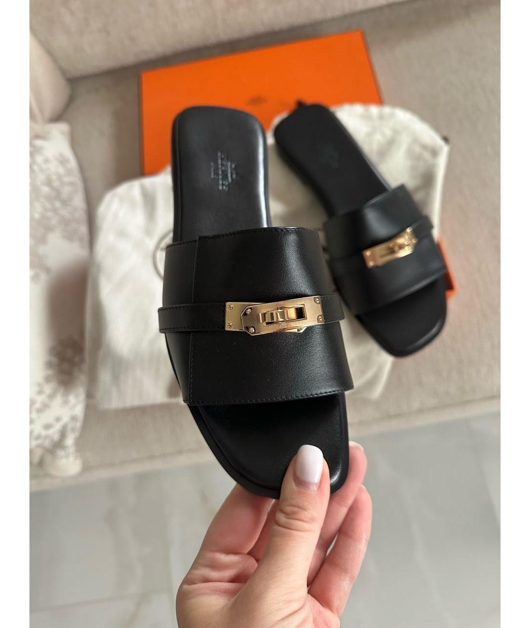HERMES Черные кожаные шлепанцы, фото 2