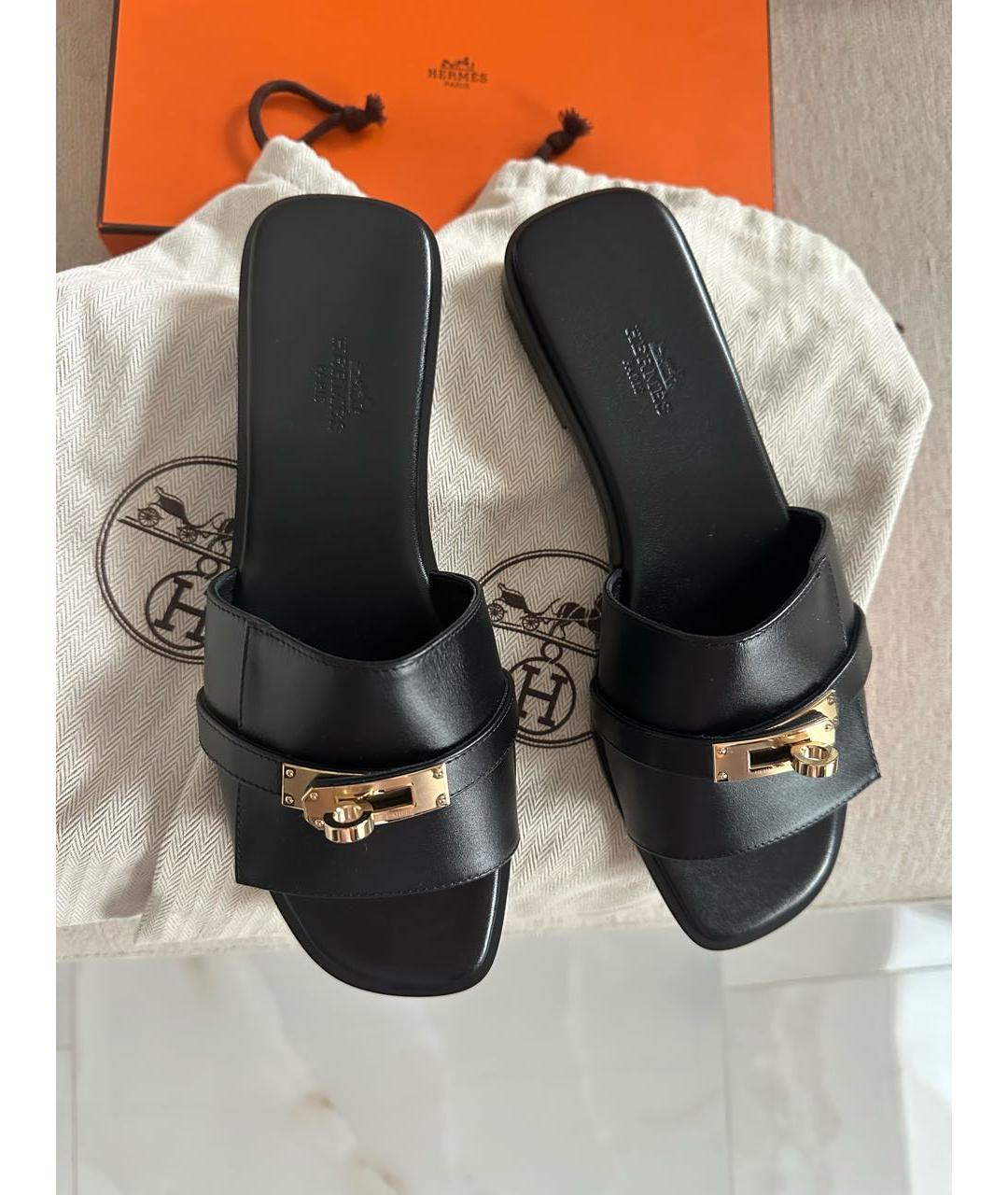 HERMES Черные кожаные шлепанцы, фото 3