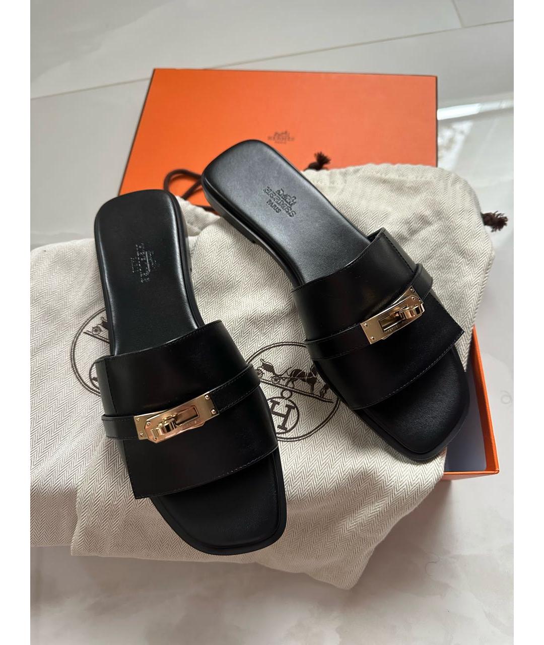 HERMES Черные кожаные шлепанцы, фото 6