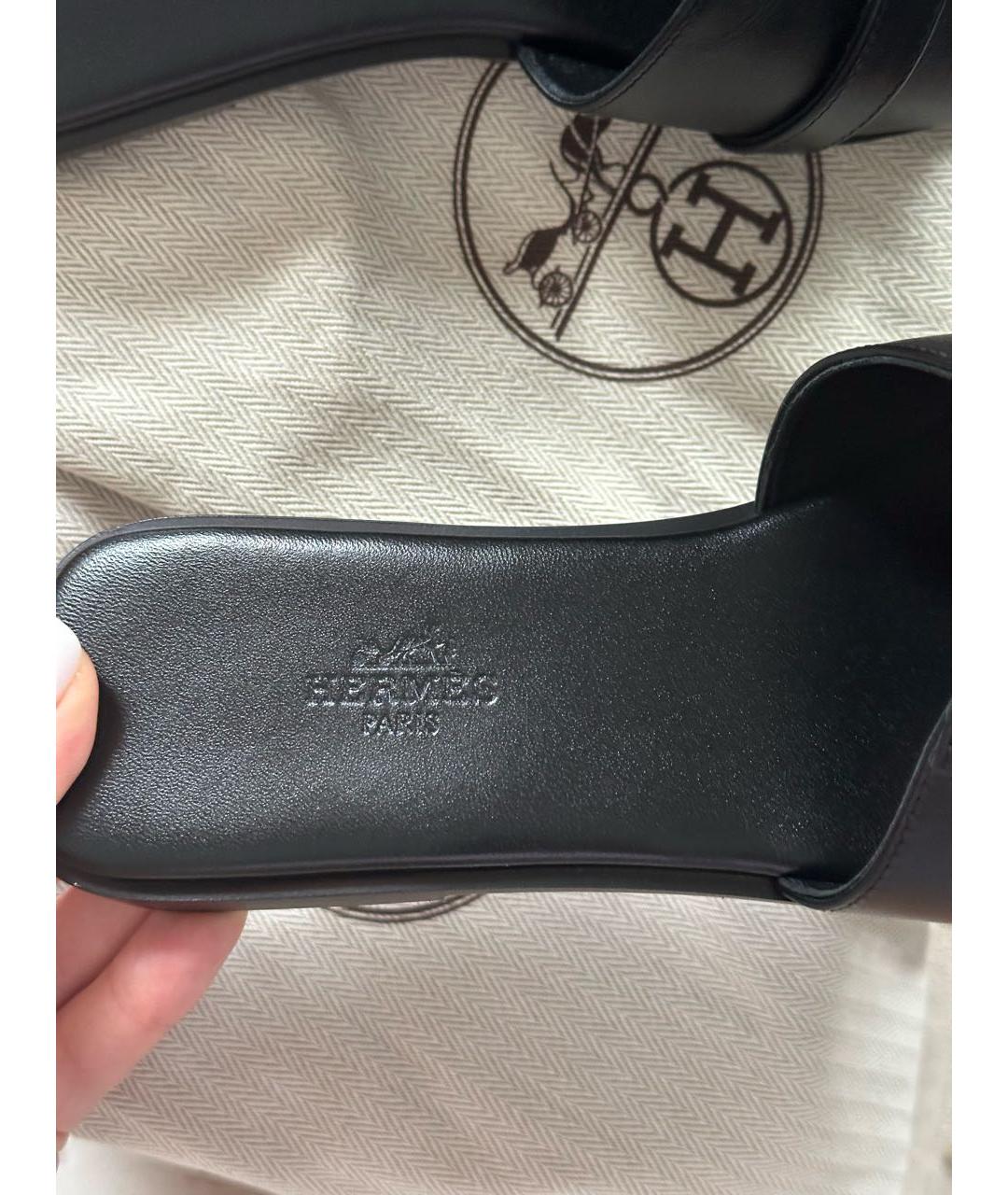 HERMES Черные кожаные шлепанцы, фото 4