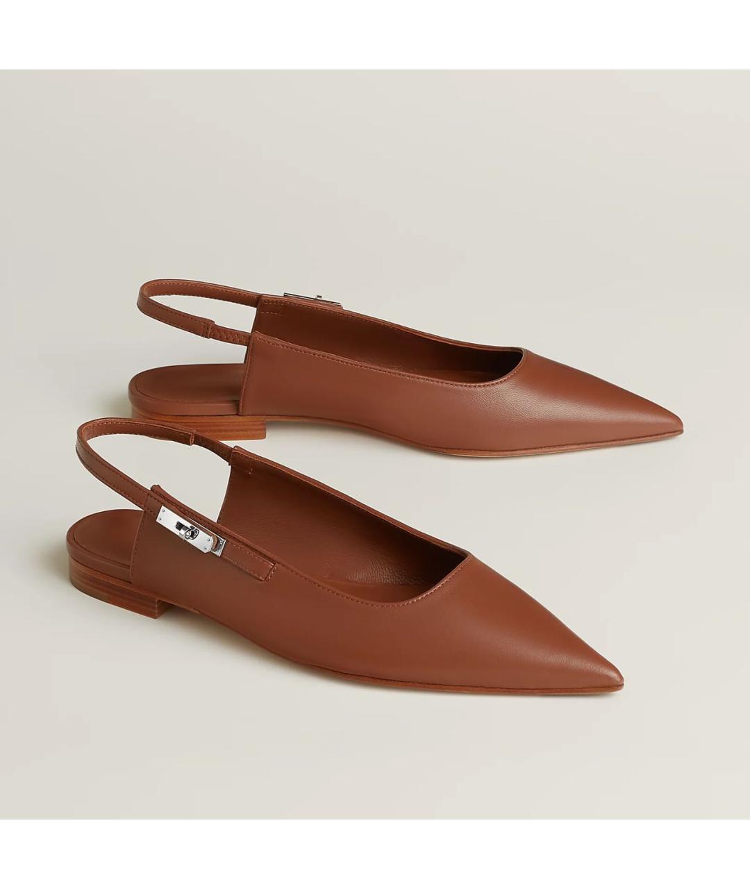 HERMES Коричневые кожаные лодочки на низком каблуке, фото 4
