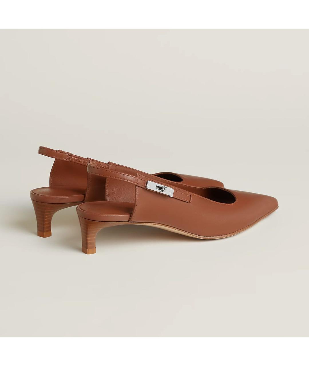 HERMES Коричневые кожаные лодочки на низком каблуке, фото 4