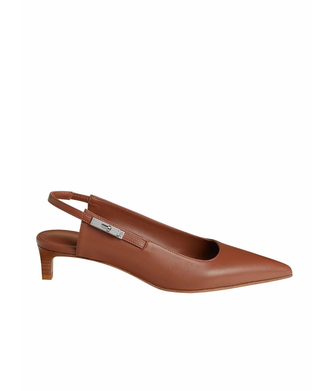 HERMES Коричневые кожаные лодочки на низком каблуке, фото 1