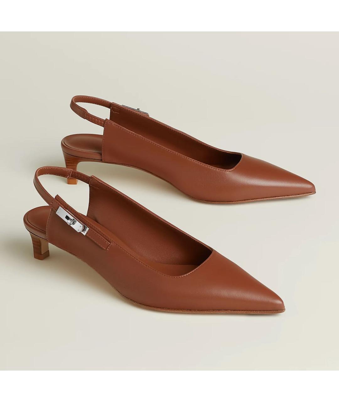 HERMES Коричневые кожаные лодочки на низком каблуке, фото 2