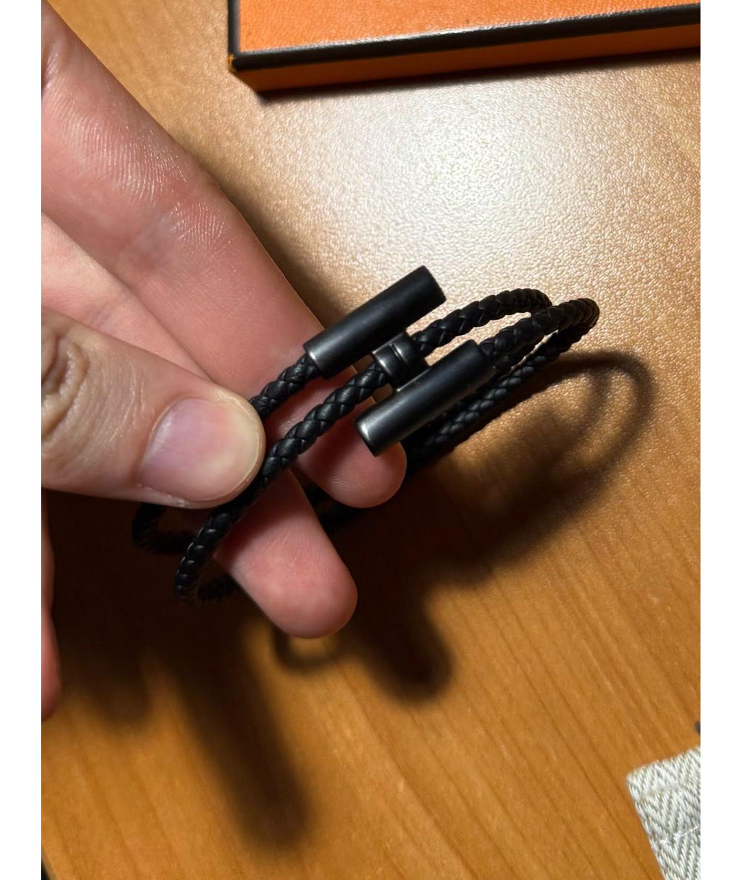 HERMES Черный кожаный браслет, фото 4