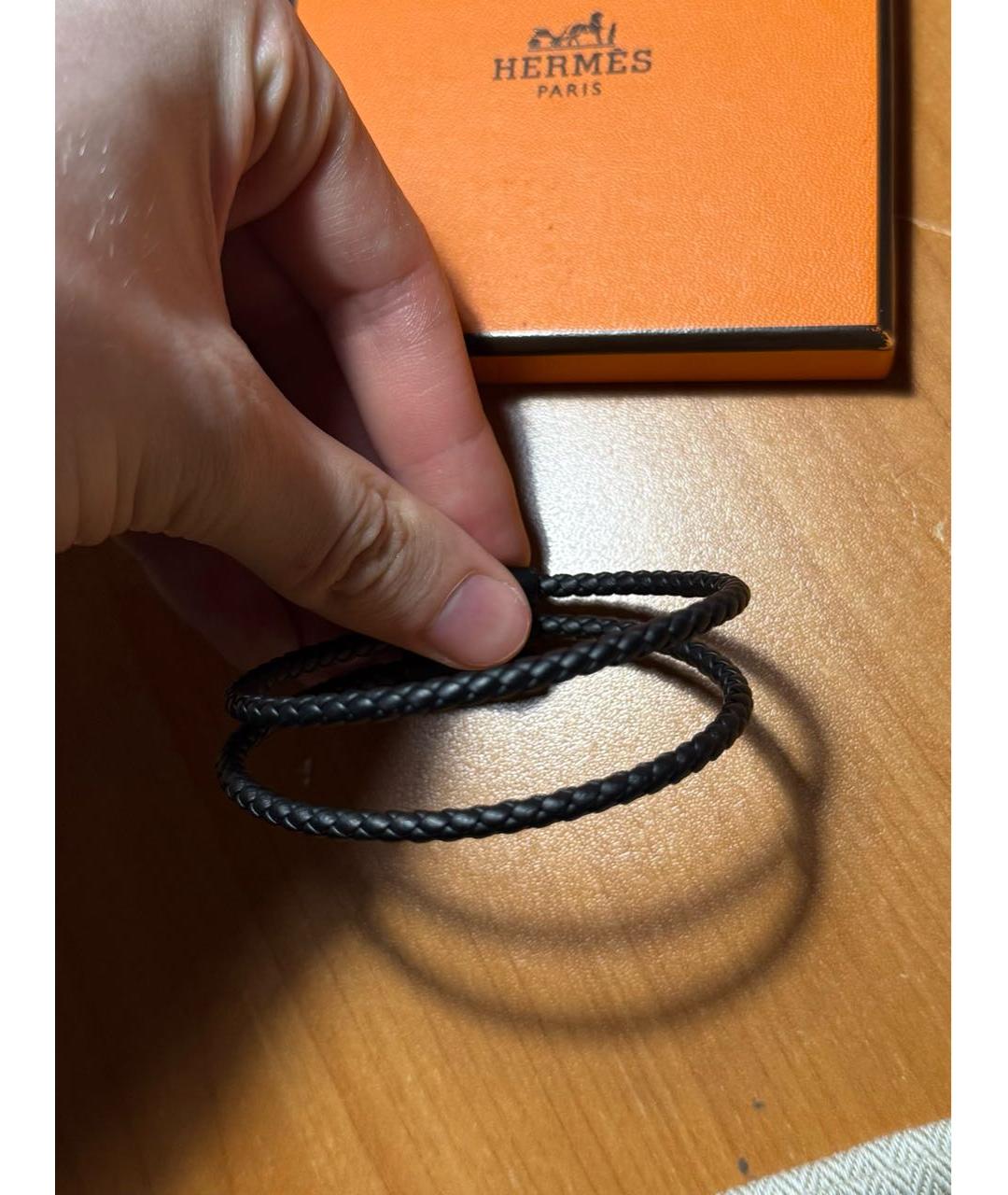 HERMES Черный кожаный браслет, фото 3