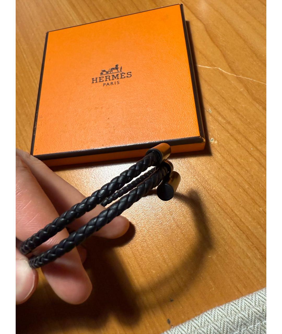 HERMES Черный кожаный браслет, фото 5
