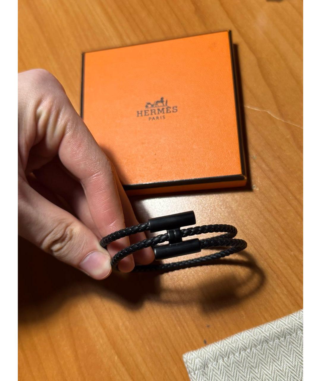HERMES Черный кожаный браслет, фото 2