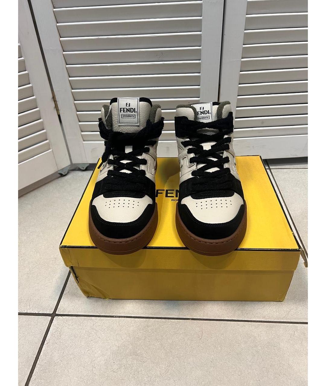 FENDI Бежевые кожаные высокие кроссовки / кеды, фото 2