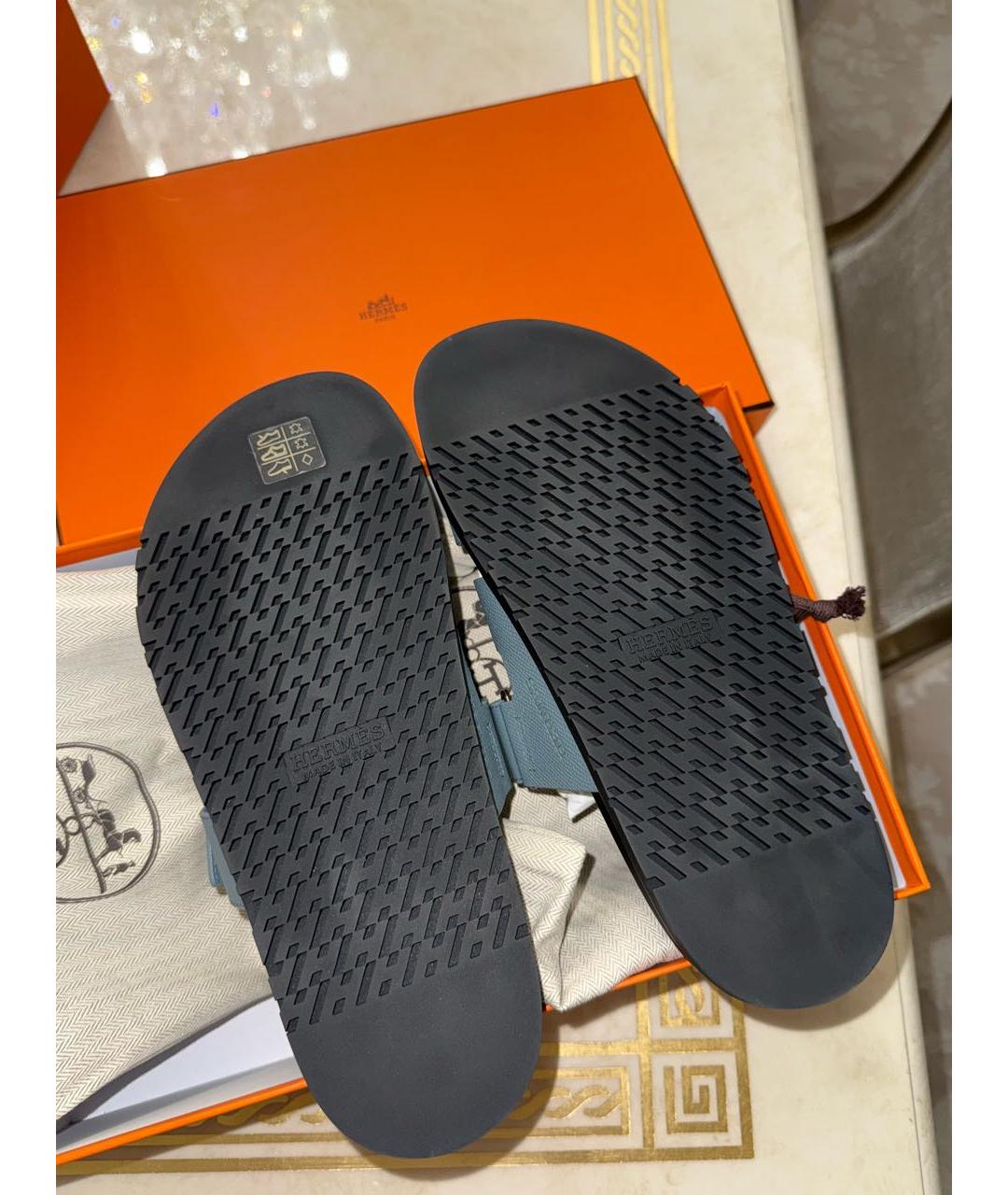 HERMES Синие кожаные шлепанцы, фото 4