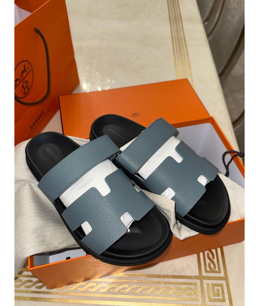 HERMES Синие кожаные шлепанцы, фото 2