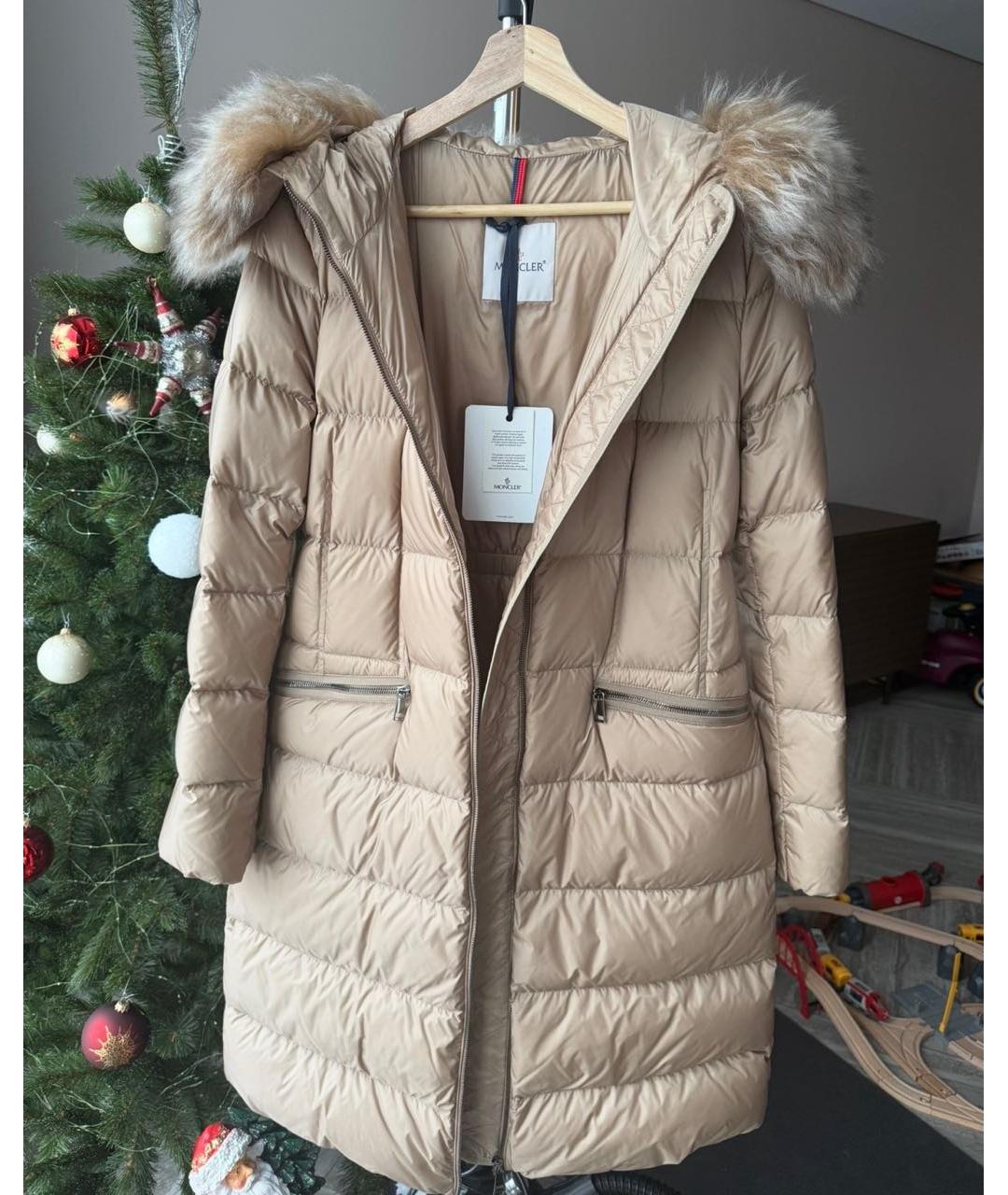 MONCLER Бежевый полиэстеровый пуховик, фото 3